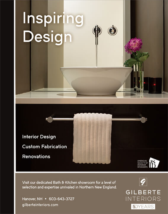 A sleek, modern bathroom counter. Text reads: Gilberte Interiors 50 Years Inspiring Design: Interior Design, Custom Fabrication, Renovations. Visit our dedicated Bath & Kitchen showroom for a level of selection and expertise unrivaled in Northern New England, American Society of Interior Designers, Hanover, NH 603-643-3727, gilberteinteriors.com
