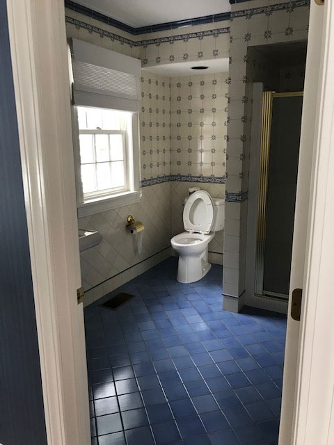 bathroom with blue tile floor, view from the door